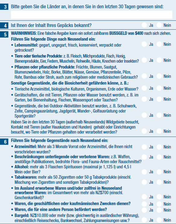 Auszug aus der Arrival Card - Wichtig bei unsere Einreise in Neuseeland am Flughafen von Christchurch