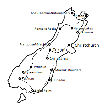 Reiseroute durch Neuseeland Südinsel