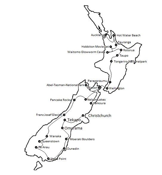 Unsere Route von Christchurch nach Auckland, das Ergebnis unserer Neuseeland Reisevorbereitung